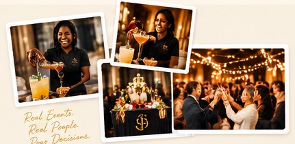 Sip Happens bartenders, a branded bar, and guests celebrating
